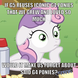 Size: 500x500 | Tagged: safe, edit, edited screencap, imported from derpibooru, screencap, sweetie belle, pony, unicorn, ponyville confidential, caption, cropped, exploitable meme, female, filly, floppy ears, image macro, meme, obligatory pony, op is a duck, solo, sudden clarity sweetie belle, text