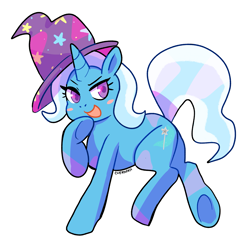 Size: 2699x2594 | Tagged: safe, artist:cherivinca, imported from derpibooru, trixie, pony, unicorn, clothes, cute, diatrixes, female, hat, open mouth, simple background, solo, trixie's hat, underhoof, white background