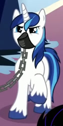 Size: 274x550 | Tagged: safe, imported from derpibooru, screencap, shining armor, pony, unicorn, the beginning of the end, cropped, gag, male, muzzle gag, raised hoof, solo, stallion