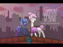 Size: 1600x1200 | Tagged: safe, artist:azulejo, imported from derpibooru, princess celestia, princess luna, earth pony, pony, fanfic:common ground, city, cover, cutie mark, fanfic, fanfic art, fanfic cover, female, nerd, sunset, surprised, text