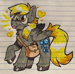 Size: 1280x1251 | Tagged: safe, artist:raystarkitty, imported from derpibooru, derpy hooves, pegasus, pony, :p, female, floating heart, heart, lined paper, mailbag, mare, shoulder bag, solo, tongue out, traditional art, unshorn fetlocks