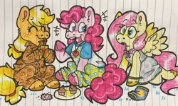 Size: 1280x767 | Tagged: safe, artist:raystarkitty, imported from derpibooru, applejack, fluttershy, pinkie pie, earth pony, pegasus, pony, clothes, cupcake, drink, drinking, drinking straw, female, food, lined paper, nightgown, pajamas, sitting, sleepover, slumber party, snacks, traditional art, trio