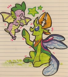 Size: 1132x1280 | Tagged: safe, artist:raystarkitty, imported from derpibooru, spike, thorax, changedling, changeling, dragon, cute, cuteling, duo, duo male, flying, king thorax, lined paper, male, smiling, spikabetes, thorabetes, traditional art, winged spike, wings