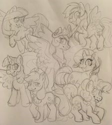 Size: 1153x1280 | Tagged: safe, artist:raystarkitty, imported from derpibooru, applejack, fluttershy, pinkie pie, princess celestia, rainbow dash, rarity, twilight sparkle, alicorn, earth pony, pegasus, pony, unicorn, :p, female, mane six, mare, monochrome, redraw, sketch, smiling, tongue out, traditional art, twilight sparkle (alicorn)