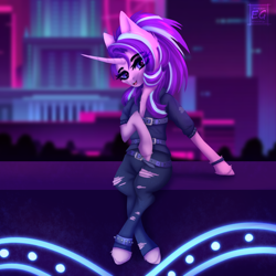 Size: 2156x2160 | Tagged: safe, artist:elektra-gertly, imported from derpibooru, starlight glimmer, pony, unicorn, alternate hairstyle, city, clothes, curved horn, edgelight glimmer, gameloft interpretation, goth, horn, jeans, pants, ripped jeans, ripped pants, sitting, solo, torn clothes