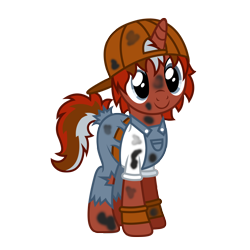 Size: 4500x4500 | Tagged: artist needed, safe, imported from derpibooru, oc, oc only, oc:rust yards, pony, unicorn, backwards ballcap, baseball cap, cap, clothes, cute, dirty, female, grease monkey, hat, simple background, smiling, solo, stains, torn clothes, transparent background, vector