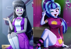 Size: 1572x1080 | Tagged: safe, artist:the-butch-x, edit, edited edit, imported from derpibooru, octavia melody, sonata dusk, equestria girls, blushing, butch's hello, clothes, collarbone, crossed legs, cute, female, hello, hello x, legs, lesbian, long hair, peace sign, shipping fuel, skirt, sleeveless, socks, sonatabetes, taco dress, vest