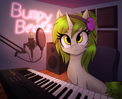 Size: 4138x3345 | Tagged: safe, artist:alicetriestodraw, imported from derpibooru, oc, oc only, oc:bumpy beatz, pony, unicorn, cute, headphones, keyboard, microphone, musical instrument, neon, recording studio, sitting, solo, speaker, synthesizer