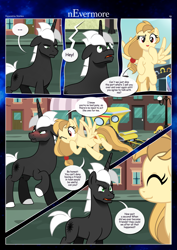 Size: 3259x4607 | Tagged: safe, artist:estories, imported from derpibooru, oc, oc only, oc:alice goldenfeather, oc:möbius, pegasus, pony, unicorn, comic:nevermore, blushing, comic, horn, pegasus oc, speech bubble, unicorn oc, wings