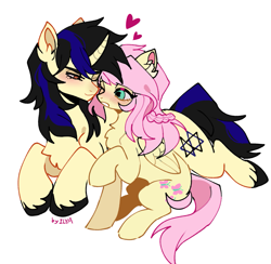 Size: 1385x1354 | Tagged: safe, artist:ilya, imported from derpibooru, fluttershy, oc, oc:forestar, pegasus, pony, unicorn, canon x oc, cute, duo, female, flutterstar, love, male, mare, shipping, shy, stallion, straight