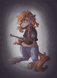 Size: 2500x3400 | Tagged: safe, artist:kikirdcz, imported from derpibooru, oc, oc only, oc:ritzy rumble, earth pony, pony, clothes, female, jacket, mare, musical instrument, pants, solo, violin