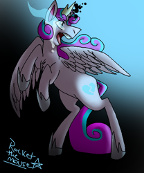 Size: 500x600 | Tagged: safe, artist:rocketthemouse, imported from derpibooru, princess flurry heart, alicorn, pony, black background, blue background, corrupted flurry heart, crying, dark magic, glowing horn, gray background, hoof shoes, horn, jewelry, magic, open mouth, simple background, solo, sombra eyes, teary eyes, tiara