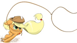 Size: 1024x576 | Tagged: safe, artist:arcuswind, imported from derpibooru, applejack, earth pony, pony, female, lasso, mare, mouth hold, rodeo, rope, simple background, solo, white background