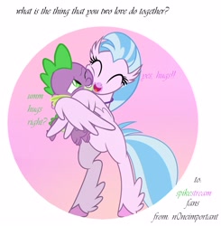 Size: 2975x3038 | Tagged: safe, imported from derpibooru, silverstream, spike, classical hippogriff, dragon, hippogriff, bipedal, boyfriend and girlfriend, eyes closed, female, grin, high res, hug, male, one eye closed, open mouth, open smile, shipping, smiling, spikestream, straight, winghug