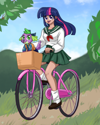 Size: 1024x1277 | Tagged: safe, artist:ameliacostanza, color edit, edit, editor:michaelsety, imported from derpibooru, spike, twilight sparkle, dog, equestria girls, anime, basket, bicycle, clothes, cloud, collaboration, cosplay, costume, crossover, cute, female, grass, human coloration, inuyasha, kagome higurashi, light skin edit, male, open mouth, riding a bike, school uniform, schoolgirl, shippo, skin color edit, skirt