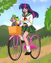 Size: 1024x1277 | Tagged: safe, artist:ameliacostanza, color edit, edit, editor:michaelsety, imported from derpibooru, spike, twilight sparkle, dog, equestria girls, 80's style, anime, anime style, basket, bicycle, clothes, cloud, collaboration, cosplay, costume, crossover, cute, female, grass, human coloration, inuyasha, kagome higurashi, light skin edit, male, open mouth, riding a bike, school uniform, schoolgirl, shippo, skin color edit, skirt