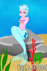 Size: 1196x1800 | Tagged: safe, artist:cyber-murph, imported from derpibooru, sunny sugarsocks, mermaid, series:cyber-murph's mermaids, equestria girls, equestria girls series, background human, breasts, cleavage, coral, hat, mermaidized, midriff, rock, seaweed, signature, solo, species swap, underwater, waitress