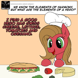 Size: 800x800 | Tagged: safe, artist:zoarvek, imported from derpibooru, oc, oc only, oc:pun, pony, ask pun, ask, cheese, chef's hat, food, hat, herbivore, sandwich, solo, submarine sandwich, tomato