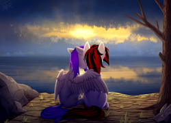 Size: 2644x1900 | Tagged: safe, artist:xanter, imported from derpibooru, oc, oc:blackjack, oc:morning glory (project horizons), pegasus, pony, unicorn, fallout equestria, fallout equestria: project horizons, cloud, cloudy, dead tree, duo, fanfic, fanfic art, female, gloryjack, grass, high res, hoofington, horn, hug, lesbian, mare, ocean, rock, scenery, smiling, spread wings, sunset, tomorrow, tree, wasteland, wings