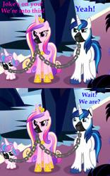 Size: 1578x2533 | Tagged: safe, edit, edited screencap, imported from derpibooru, screencap, princess cadance, princess flurry heart, shining armor, pony, the beginning of the end, chains, dialogue, gag, muzzle, muzzle gag, shining armor is a goddamn moron, text