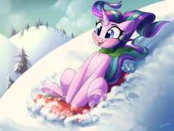 Size: 4000x3000 | Tagged: safe, artist:faline-art, imported from derpibooru, starlight glimmer, pony, unicorn, clothes, cute, digital art, female, glimmerbetes, high res, hill, open mouth, scarf, scenery, sitting, sled, sledding, smiling, snow, solo, windswept mane, winter