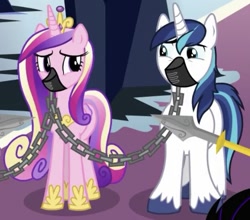 Size: 595x523 | Tagged: safe, imported from derpibooru, screencap, princess cadance, shining armor, pony, the beginning of the end, chains, cropped, duo, gag, help us, muzzle, muzzle gag, worried