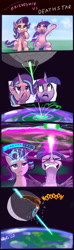 Size: 1147x3885 | Tagged: safe, artist:xbi, imported from derpibooru, starlight glimmer, twilight sparkle, alicorn, pony, unicorn, :<, angery, angry, barrier, beam struggle, big no, blast, charging, cheek squish, comic, crossover, cute, death star, facial expressions, faic, female, fight, floppy ears, force field, frown, glare, glimmerbetes, glowing horn, gritted teeth, horn, laser beam, laser beams, lidded eyes, looking up, madorable, magic, magic beam, magic blast, mare, noooooooo, open mouth, overpowered, planet, sitting, smiling, space, spread wings, squishy cheeks, star wars, sweat, thinking, twiabetes, twilight sparkle (alicorn), unamused, wat, waving, wings