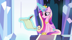 Size: 1280x720 | Tagged: safe, imported from derpibooru, screencap, princess cadance, alicorn, pony, the beginning of the end, female, letter, magic, quill, solo, telekinesis
