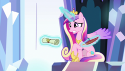 Size: 1280x720 | Tagged: safe, imported from derpibooru, screencap, princess cadance, alicorn, pony, the beginning of the end, female, letter, magic, quill, solo, telekinesis