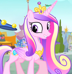 Size: 1462x1499 | Tagged: safe, imported from derpibooru, screencap, princess cadance, alicorn, pony, season 4, three's a crowd, background pony, cropped, fair, female, folded wings, grin, hat, mare, sisters-in-law, smiling, solo focus, star swirl the bearded costume, wings, wizard hat