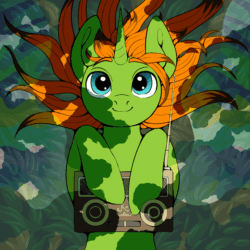 Size: 720x720 | Tagged: safe, artist:pony straponi, artist:st. oni, imported from derpibooru, oc, oc only, oc:arc pyre, pony, unicorn, animated, colored, flat colors, gif, grass, long hair, long hair male, lying down, male, music, nodding, on back, radio, solo, tree branch