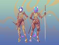 Size: 3109x2400 | Tagged: safe, artist:okata, imported from derpibooru, oc, oc only, oc:diamond mind, anthro, unguligrade anthro, unicorn, armor, female, greatsword, horn, leonine tail, reference sheet, solo, standing, sword, unicorn oc, unshorn fetlocks, weapon