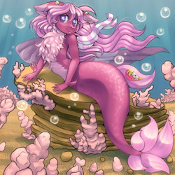 Size: 2000x2000 | Tagged: safe, artist:pony straponi, artist:st. oni, imported from derpibooru, oc, oc only, anthro, hybrid, mermaid, merpony, seapony (g4), bubble, chest fluff, cliff, clothes, commission, coral, crepuscular rays, dorsal fin, female, fish tail, flowing mane, looking at you, lying down, mermaid tail, mermaidized, ocean, pale belly, rock, sand, scarf, smiling, solo, species swap, sunlight, tail, underwater, water, ych result