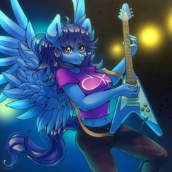 Size: 2000x2000 | Tagged: safe, artist:pony straponi, artist:st. oni, imported from derpibooru, oc, oc only, oc:anima, anthro, pegasus, belly button, blue, concert, devin townsend, female, guitar, midriff, musical instrument, pegasus oc, performance, playing guitar, solo, spread wings, wings