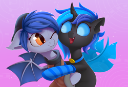 Size: 2000x1364 | Tagged: safe, artist:anti1mozg, imported from derpibooru, oc, oc only, oc:speck daelyn, oc:♪, bat pony, changeling, blue changeling, cheek to cheek, clothes, collar, cute, cuteling, hug, socks, striped socks, sweater