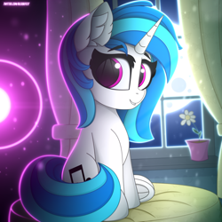 Size: 3000x3000 | Tagged: safe, artist:alexbefest, imported from derpibooru, dj pon-3, vinyl scratch, pony, unicorn, cushion, ear fluff, female, flower, looking at you, mare, moon, night, sitting, smiling, solo, underhoof, window