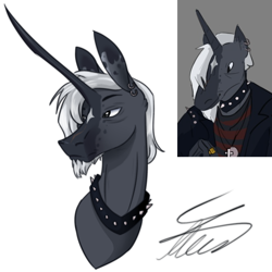 Size: 2000x2000 | Tagged: safe, artist:crystalcontemplator, imported from derpibooru, oc, oc only, anthro, unicorn, bust, choker, clothes, duo, horn, male, signature, simple background, spiked choker, unicorn oc, white background
