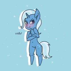 Size: 894x894 | Tagged: safe, artist:opurplemoon, imported from derpibooru, trixie, pony, belly button, bipedal, blushing, crossed arms, puffy cheeks, solo, starry background