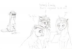 Size: 2000x1365 | Tagged: safe, artist:lady-limule, imported from derpibooru, pony, unicorn, dialogue, glasses, hat, lineart, monochrome