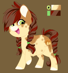 Size: 1352x1440 | Tagged: safe, artist:silentwolf-oficial, imported from derpibooru, oc, oc only, oc:caramel, earth pony, pony, braid, braided tail, brown background, colored hooves, earth pony oc, open mouth, reference sheet, simple background, smiling, solo