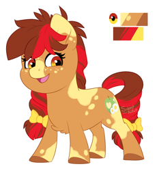 Size: 1020x1081 | Tagged: safe, artist:silentwolf-oficial, imported from derpibooru, oc, oc only, earth pony, pony, bow, colored hooves, earth pony oc, freckles, hair bow, reference sheet, simple background, solo, tail bow