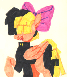 Size: 649x743 | Tagged: safe, artist:0lijmazz, imported from derpibooru, songbird serenade, pegasus, pony, my little pony: the movie, bow, clothes, female, hair bow, mare, marker drawing, raised hoof, solo, traditional art