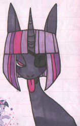 Size: 508x803 | Tagged: safe, artist:0lijmazz, imported from derpibooru, twilight sparkle, pony, unicorn, eyepatch, female, lined paper, mare, marker drawing, solo, tongue out, traditional art, unicorn twilight