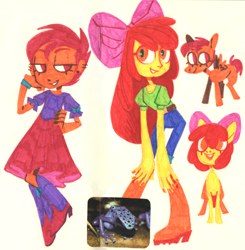 Size: 1280x1304 | Tagged: safe, artist:0lijmazz, imported from derpibooru, apple bloom, scootaloo, frog, pony, equestria girls, blouse, boots, clothes, dress, duo, ear piercing, earring, female, jeans, jewelry, mare, pants, piercing, shoes, skirt, traditional art