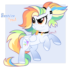 Size: 2810x2635 | Tagged: safe, artist:lazuli, artist:mint-light, imported from derpibooru, oc, oc only, pegasus, pony, choker, colored hooves, commission, ear piercing, earring, eyelashes, jewelry, multicolored hair, pegasus oc, piercing, rainbow hair, rearing, signature, simple background, smiling, smirk, solo, transparent background, wings, ych result