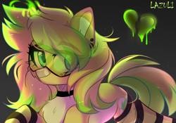 Size: 5000x3500 | Tagged: safe, artist:lazuli, artist:mint-light, imported from derpibooru, oc, oc only, pony, unicorn, chest fluff, choker, clothes, commission, eye clipping through hair, glasses, glowing horn, gradient background, heart, horn, signature, socks, solo, striped socks, unicorn oc, ych result
