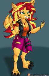 Size: 1500x2300 | Tagged: safe, artist:novaspark, imported from derpibooru, sunset shimmer, anthro, digitigrade anthro, werewolf, equestria girls, claws, clothes, fangs, female, implied transformation, solo, torn clothes, transformation