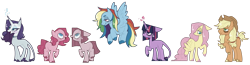 Size: 3776x988 | Tagged: safe, artist:0lijmazz, imported from derpibooru, applejack, fluttershy, pinkie pie, rainbow dash, rarity, twilight sparkle, classical unicorn, earth pony, pegasus, pony, unicorn, alternate design, alternate universe, bags under eyes, cloven hooves, duality, female, floppy ears, jewelry, leonine tail, mane six, mare, messy mane, missing cutie mark, necklace, pinkamena diane pie, simple background, tired, transparent background, unicorn twilight, unshorn fetlocks