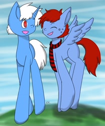 Size: 2448x2929 | Tagged: safe, artist:galacticaries, imported from derpibooru, oc, oc only, pegasus, pony, unicorn, duo, freckles, horn, necktie, pegasus oc, smiling, unicorn oc, wings