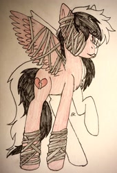 Size: 2354x3457 | Tagged: safe, artist:galacticaries, imported from derpibooru, oc, oc only, pegasus, pony, bandage, heartbreak, pegasus oc, raised hoof, solo, traditional art, wings